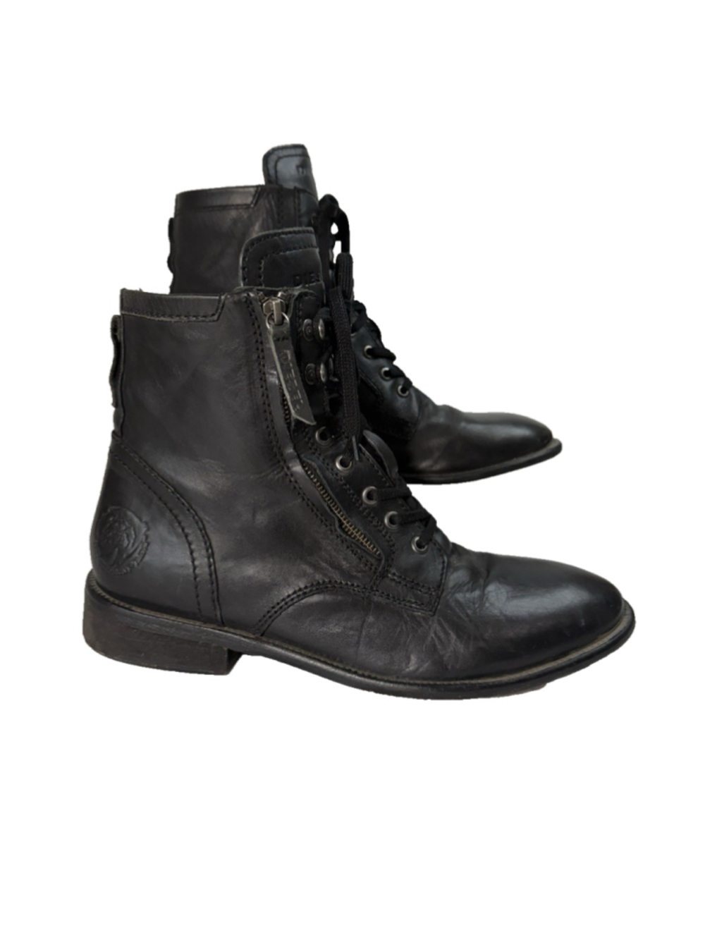 Diesel The Pit Boots Black Leather Lace-Up Zipper Moto Shoes EU 45 US 11.5